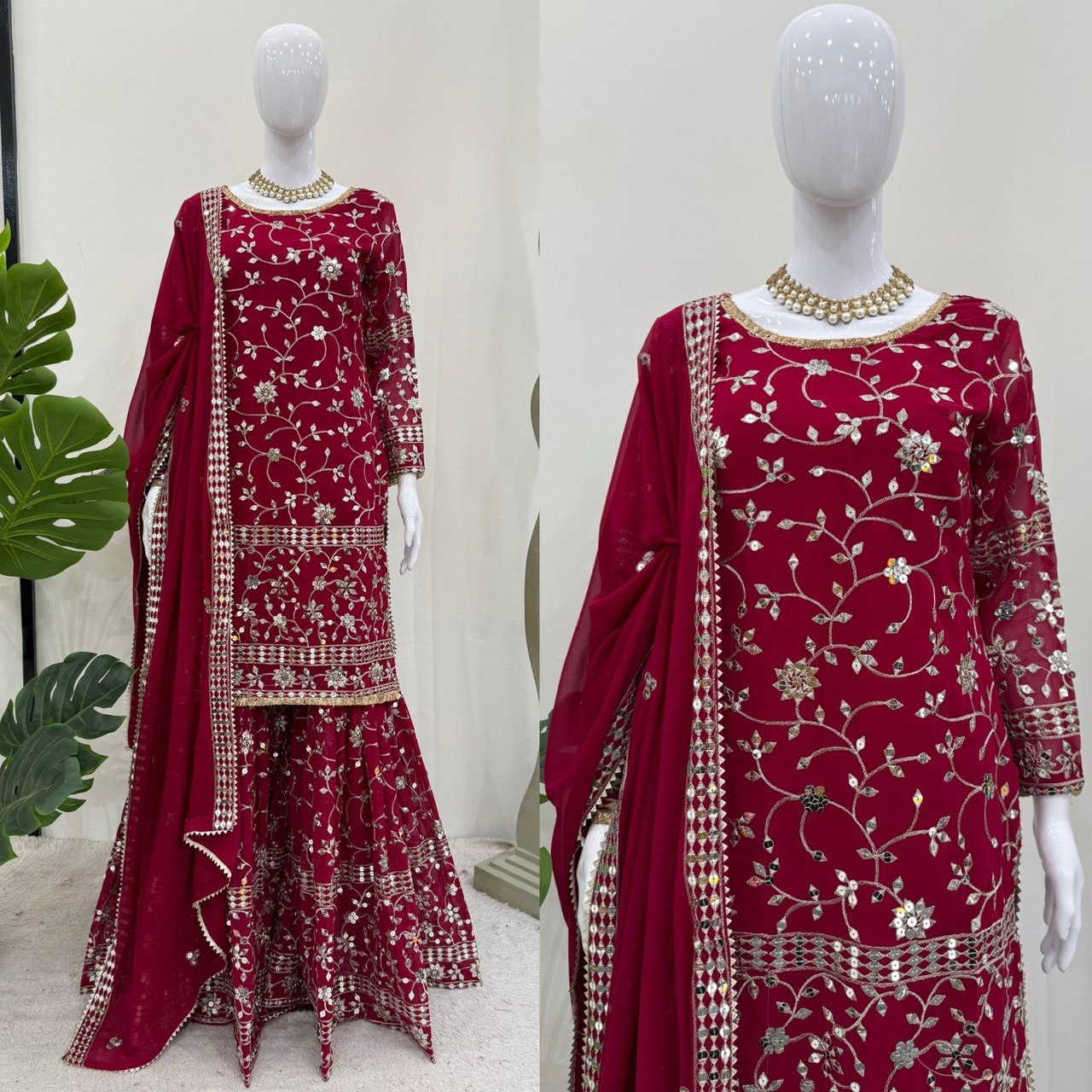 Superhit Maroon Color Faux Georgette And Thread With 9mm Sequence Work Sharara Suit