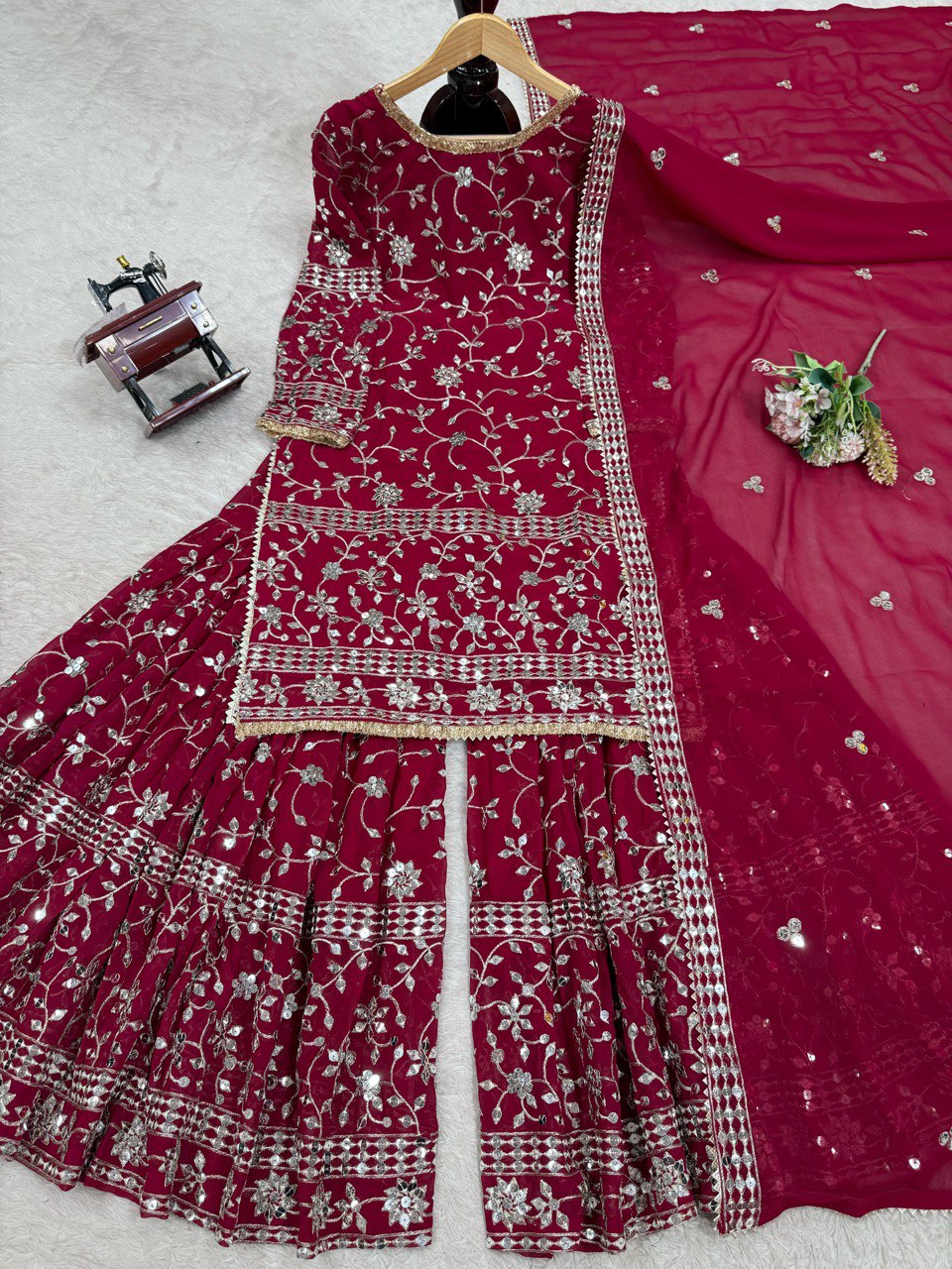 Superhit Maroon Color Faux Georgette And Thread With 9mm Sequence Work Sharara Suit