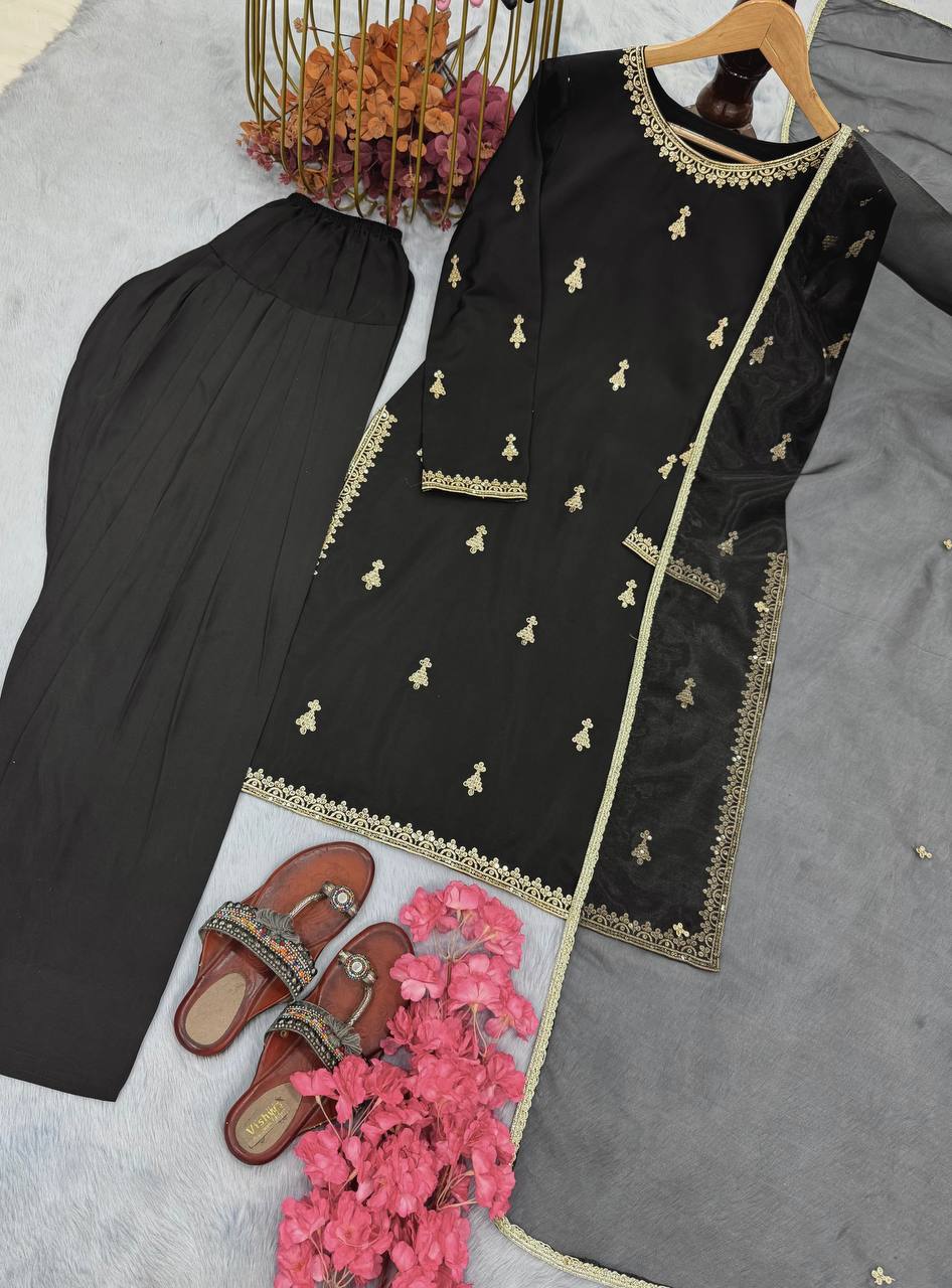 Presenting Black Color Natural Satin With Embroidery Work Designer Palazzo Suit