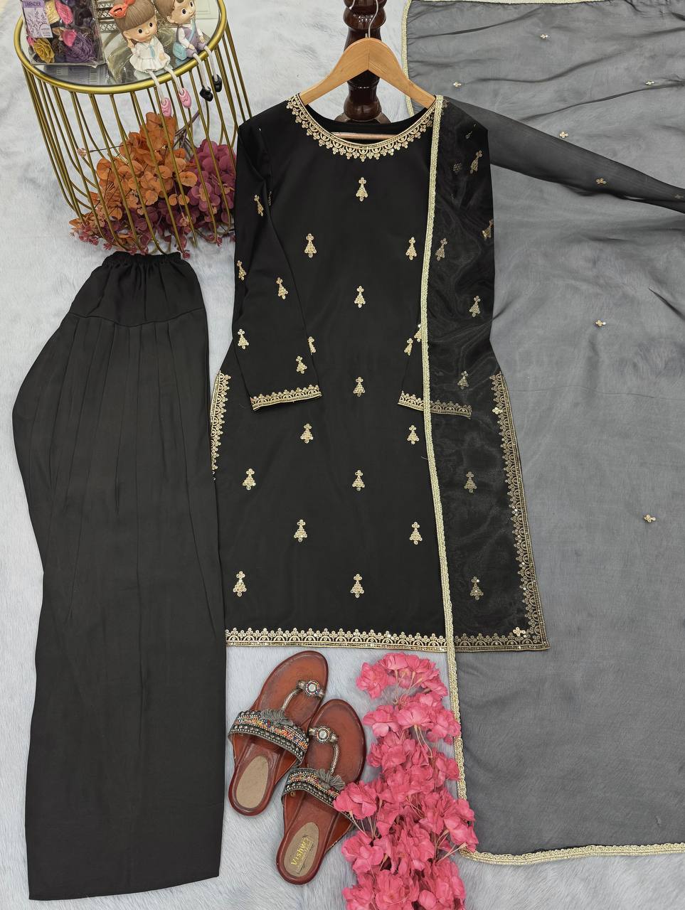 Presenting Black Color Natural Satin With Embroidery Work Designer Palazzo Suit