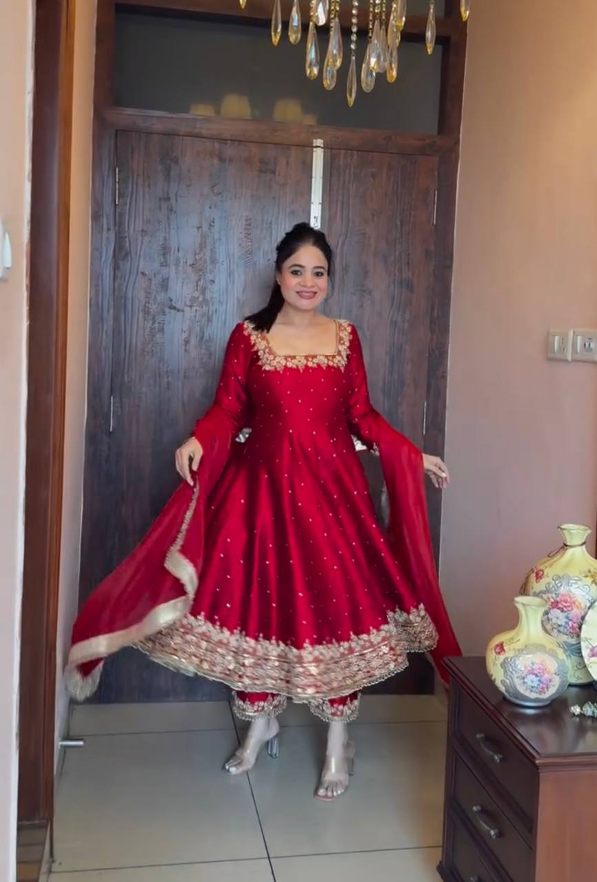Attractive Maroon Color Heavy Pure Vichitra Silk With Embroidery 5mm Sequence Work Anarkali Gown