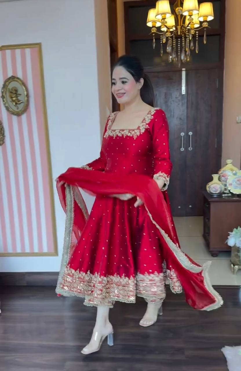 Attractive Maroon Color Heavy Pure Vichitra Silk With Embroidery 5mm Sequence Work Anarkali Gown