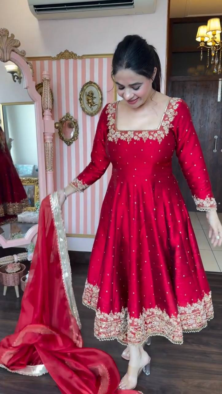 Attractive Maroon Color Heavy Pure Vichitra Silk With Embroidery 5mm Sequence Work Anarkali Gown