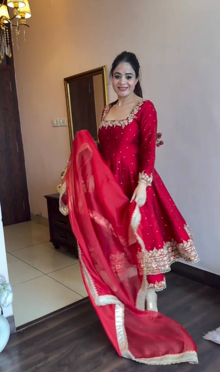 Attractive Maroon Color Heavy Pure Vichitra Silk With Embroidery 5mm Sequence Work Anarkali Gown
