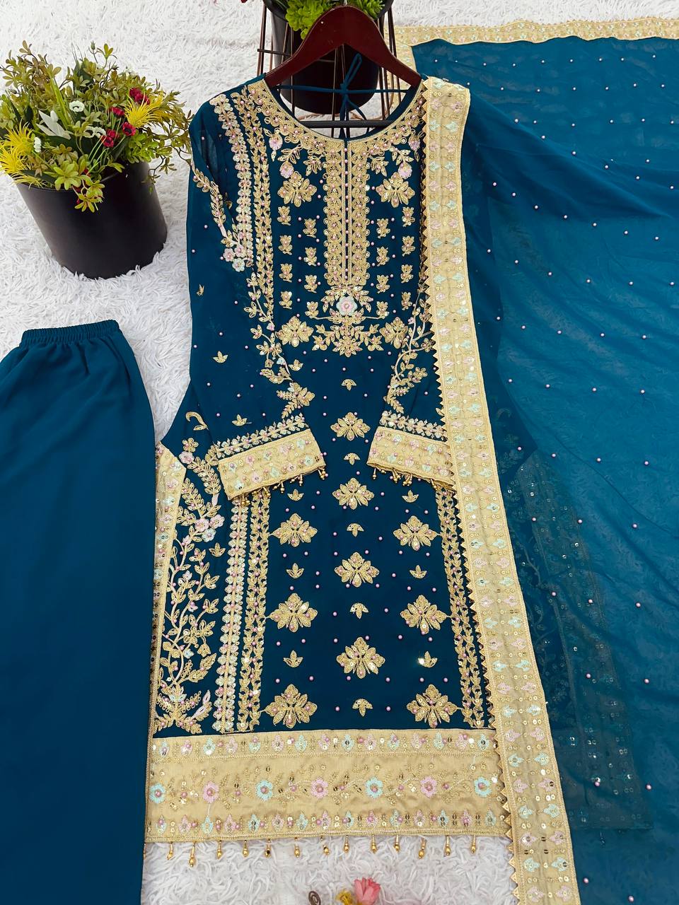 Reception Wear Teal Green Color Georgette With Embroidery Sequence Work Salwar Suit