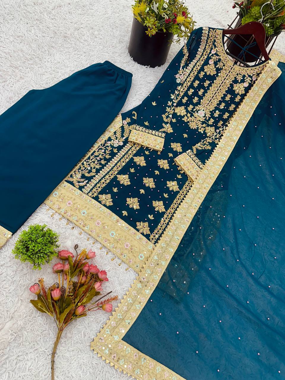 Reception Wear Teal Green Color Georgette With Embroidery Sequence Work Salwar Suit