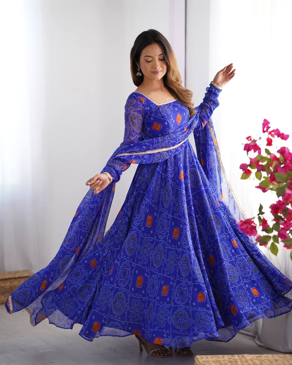Ceremony Wear Royal Blue Color Pure Soft Lightweight Chiffon Bandhej Fabric Designer Gown