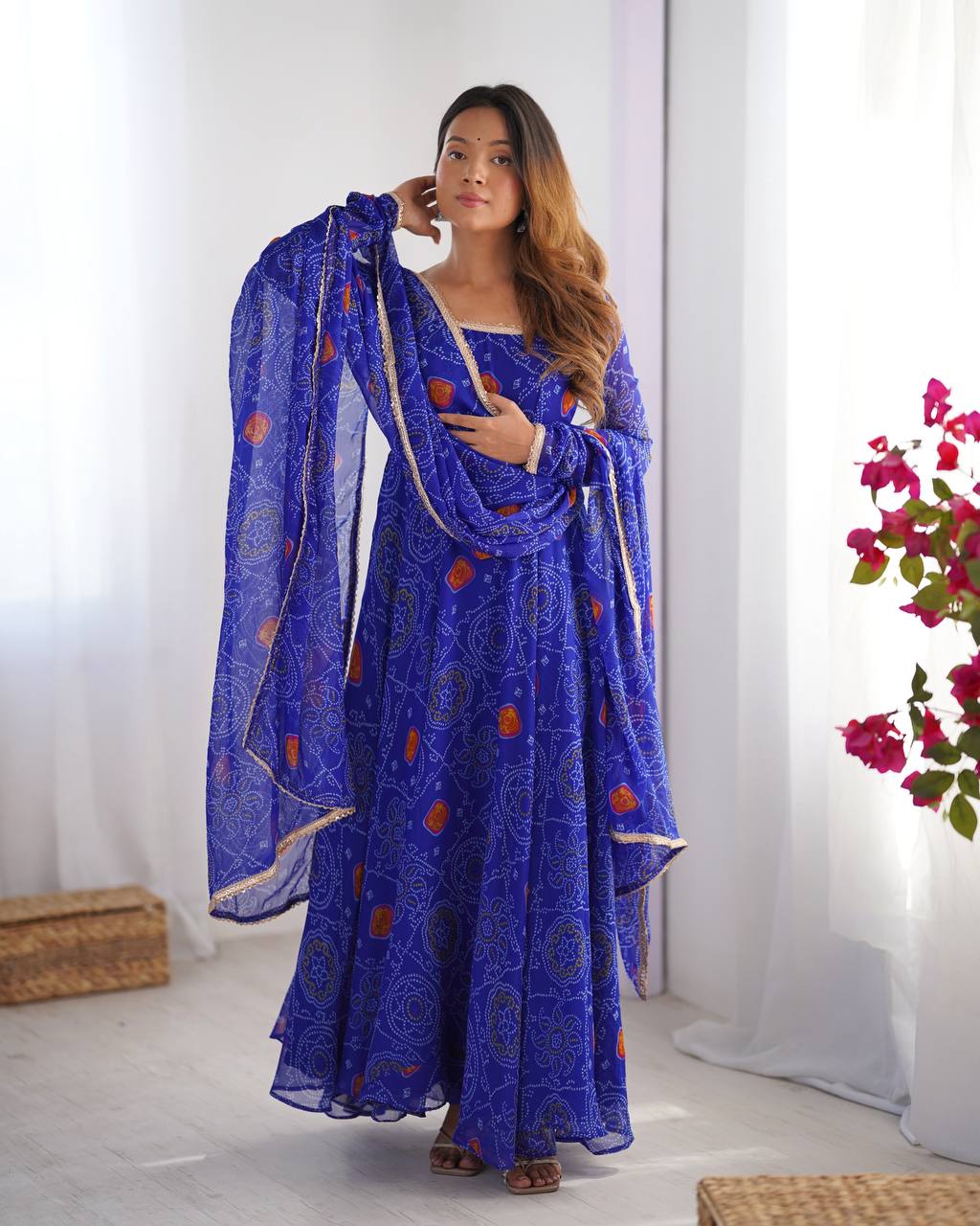 Ceremony Wear Royal Blue Color Pure Soft Lightweight Chiffon Bandhej Fabric Designer Gown