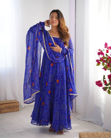 Ceremony Wear Royal Blue Color Pure Soft Lightweight Chiffon Bandhej Fabric Designer Gown