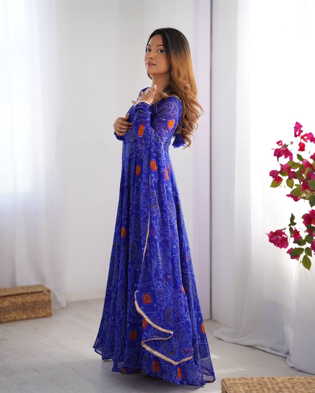 Ceremony Wear Royal Blue Color Pure Soft Lightweight Chiffon Bandhej Fabric Designer Gown