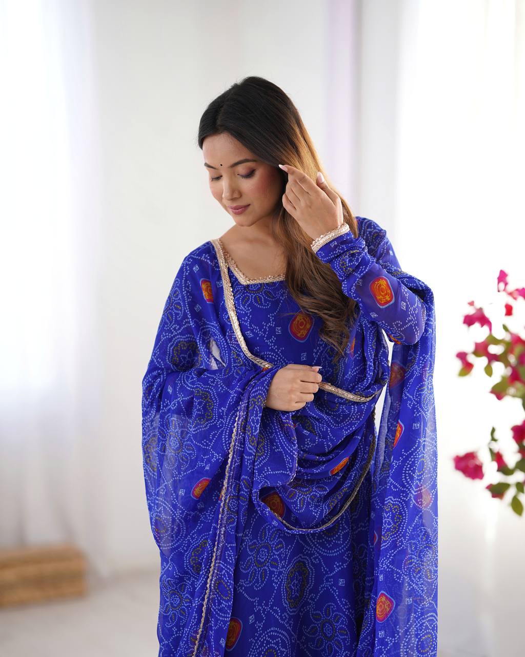 Ceremony Wear Royal Blue Color Pure Soft Lightweight Chiffon Bandhej Fabric Designer Gown
