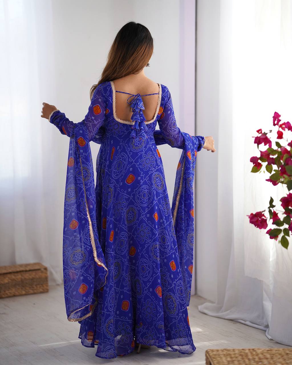 Ceremony Wear Royal Blue Color Pure Soft Lightweight Chiffon Bandhej Fabric Designer Gown