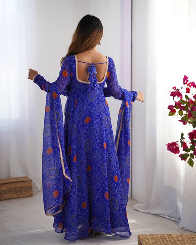 Ceremony Wear Royal Blue Color Pure Soft Lightweight Chiffon Bandhej Fabric Designer Gown