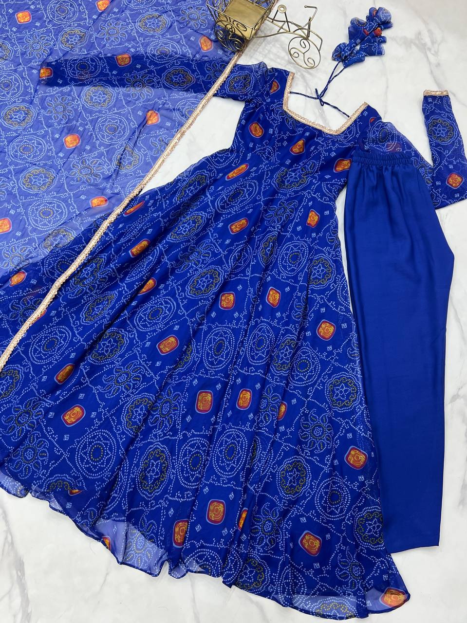 Ceremony Wear Royal Blue Color Pure Soft Lightweight Chiffon Bandhej Fabric Designer Gown