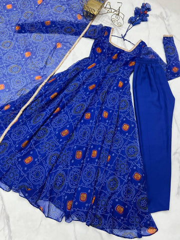 Ceremony Wear Royal Blue Color Pure Soft Lightweight Chiffon Bandhej Fabric Designer Gown
