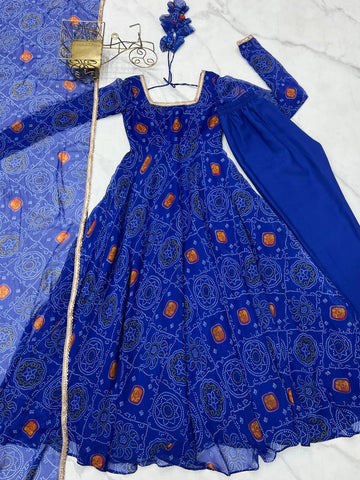 Ceremony Wear Royal Blue Color Pure Soft Lightweight Chiffon Bandhej Fabric Designer Gown