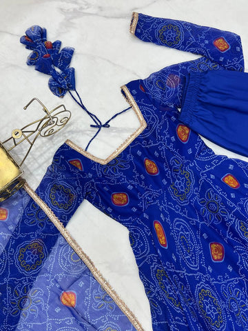 Ceremony Wear Royal Blue Color Pure Soft Lightweight Chiffon Bandhej Fabric Designer Gown