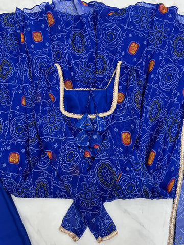 Ceremony Wear Royal Blue Color Pure Soft Lightweight Chiffon Bandhej Fabric Designer Gown