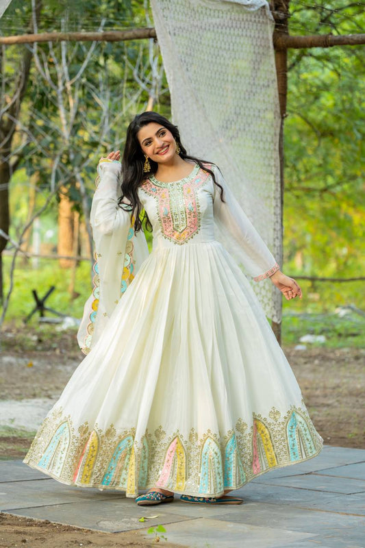 Party Wear White Color Heavy Chinon Silk With Multi Thread Embroidery Sequence Work Gown