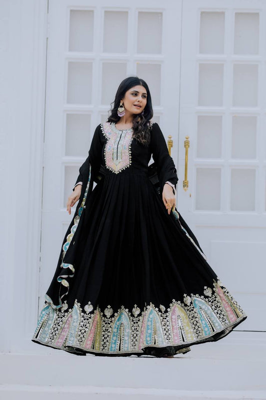 Party Wear Black Color Heavy Chinon Silk With Multi Thread Embroidery Sequence Work Gown