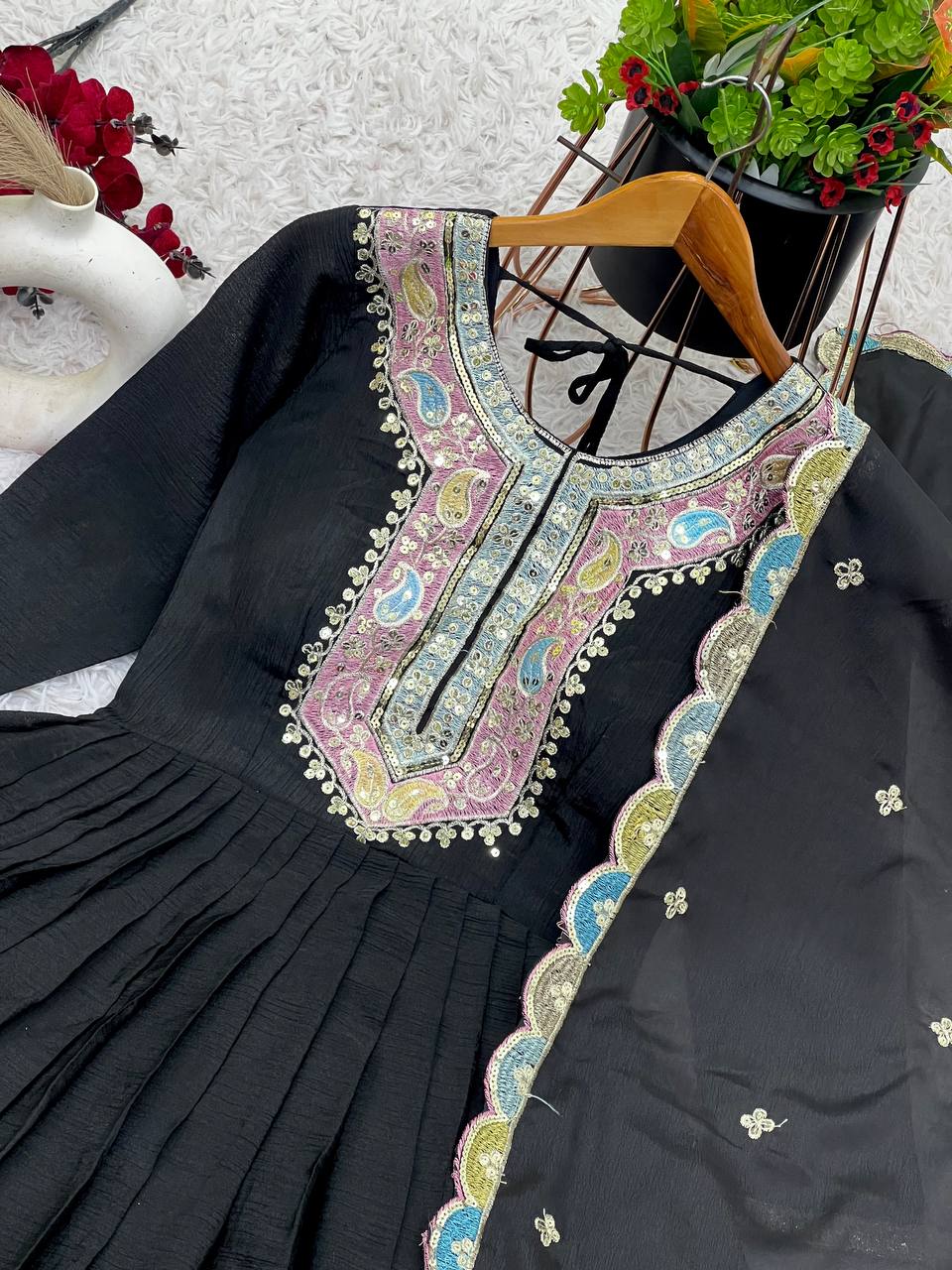 Party Wear Black Color Heavy Chinon Silk With Multi Thread Embroidery Sequence Work Gown