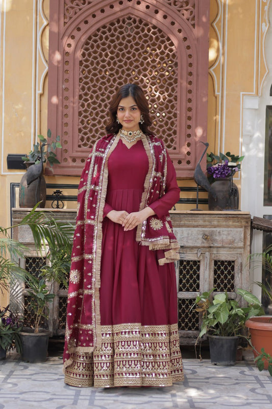 Gorgeous Maroon Color Star Georgette With Embroidery Zari Sequins Work Designer Gown