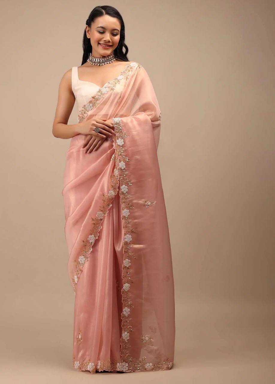 Party Wear Peach Color Jimmy Chu Beautiful All Over Hand Work Saree