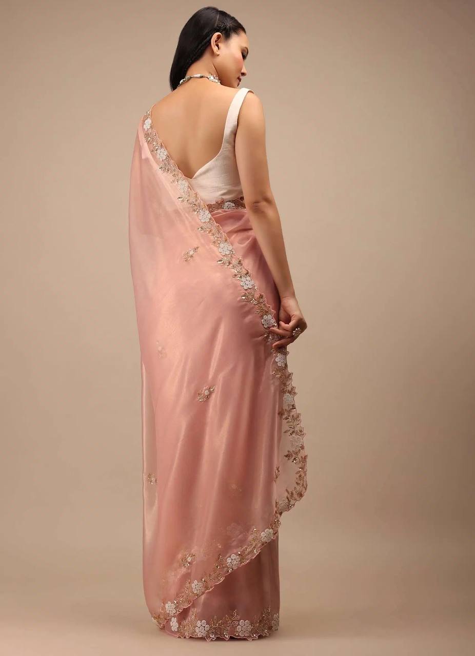 Party Wear Peach Color Jimmy Chu Beautiful All Over Hand Work Saree