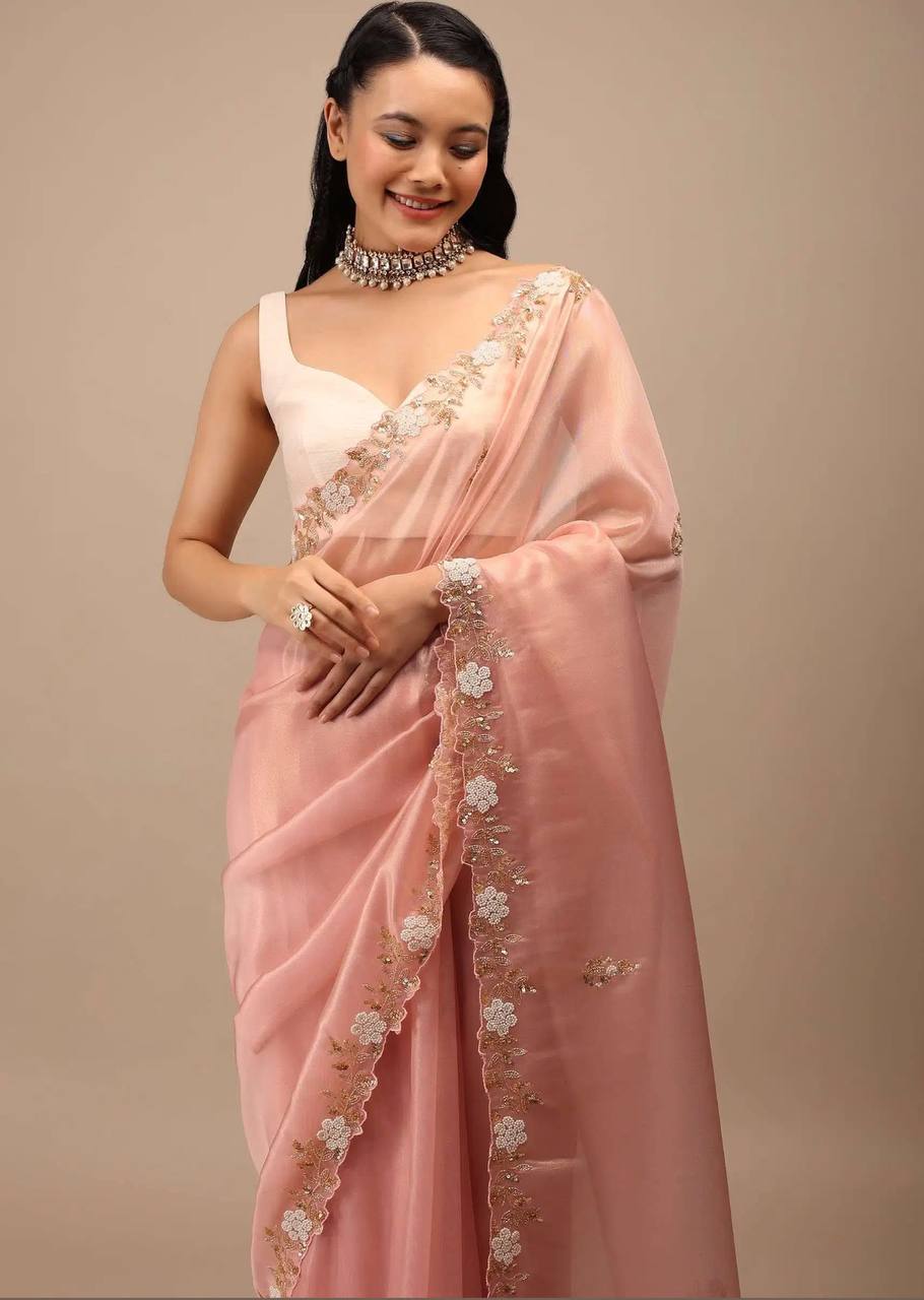Party Wear Peach Color Jimmy Chu Beautiful All Over Hand Work Saree