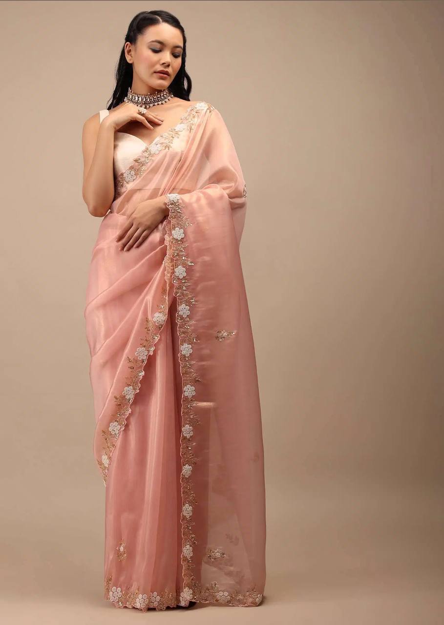 Party Wear Peach Color Jimmy Chu Beautiful All Over Hand Work Saree