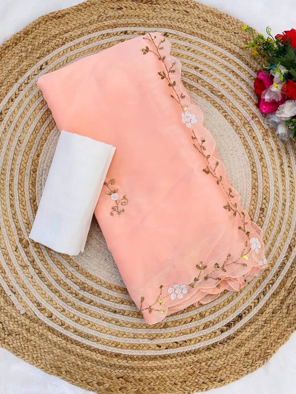 Party Wear Peach Color Jimmy Chu Beautiful All Over Hand Work Saree