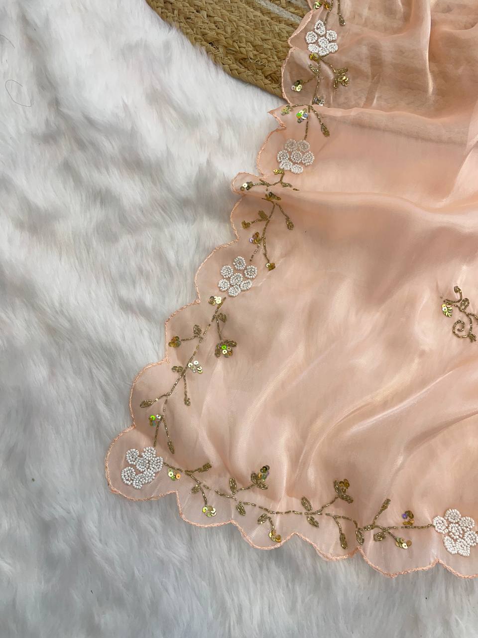 Party Wear Peach Color Jimmy Chu Beautiful All Over Hand Work Saree
