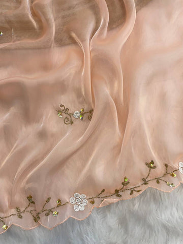 Party Wear Peach Color Jimmy Chu Beautiful All Over Hand Work Saree