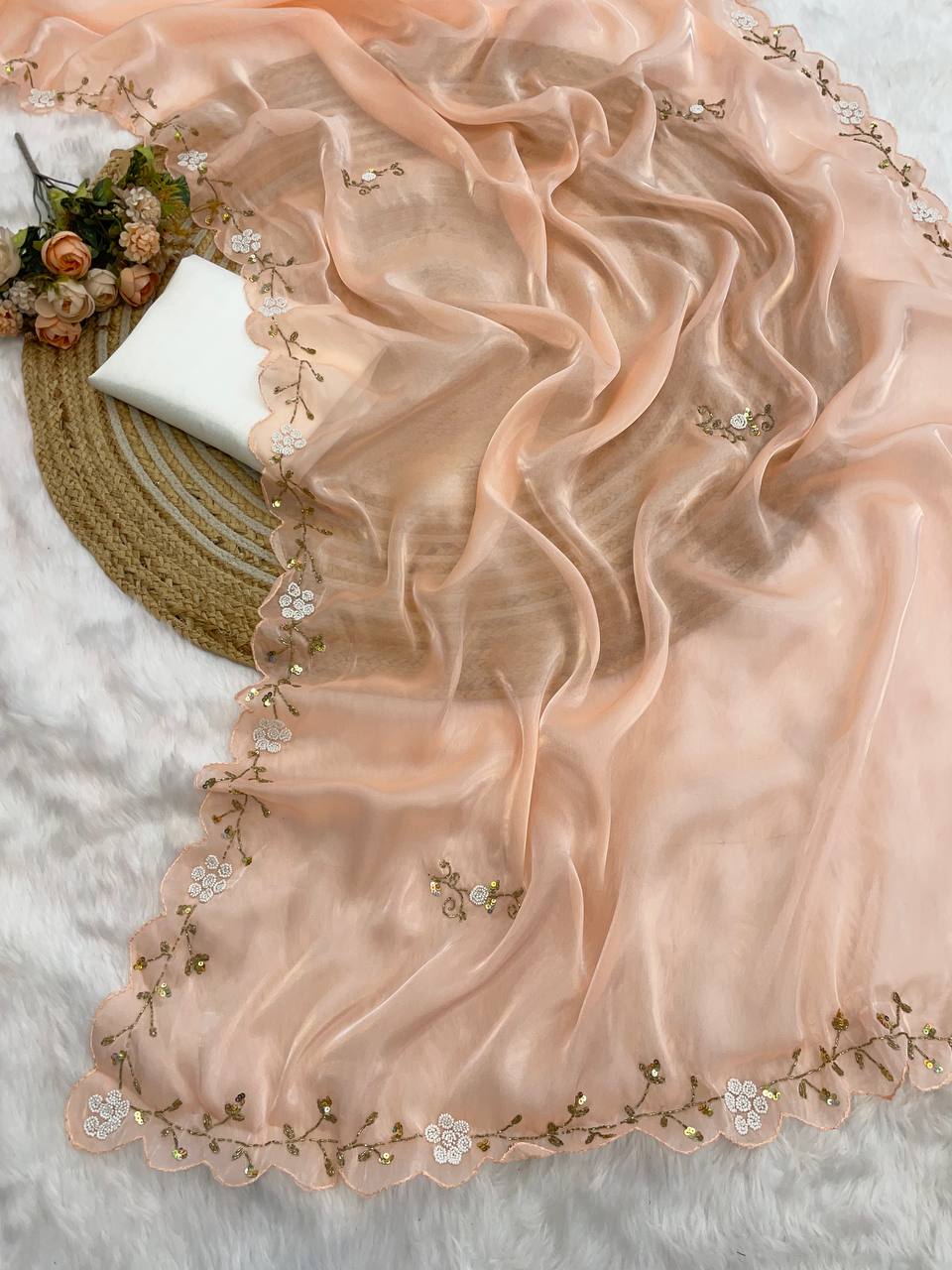 Party Wear Peach Color Jimmy Chu Beautiful All Over Hand Work Saree