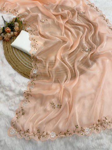 Party Wear Peach Color Jimmy Chu Beautiful All Over Hand Work Saree