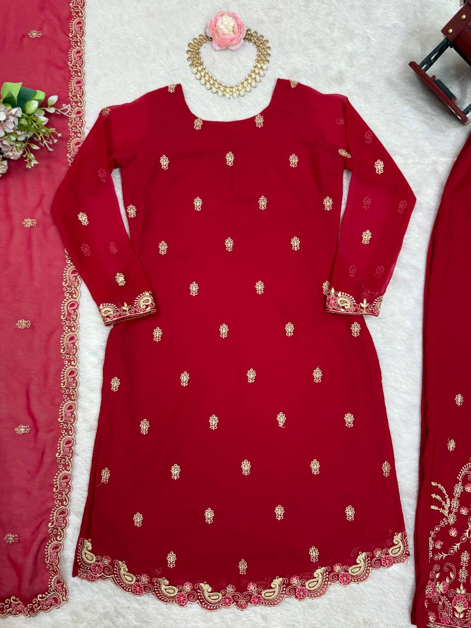 Wedding Wear Red Color Faux Georgette With Thread Work Salwar Suit