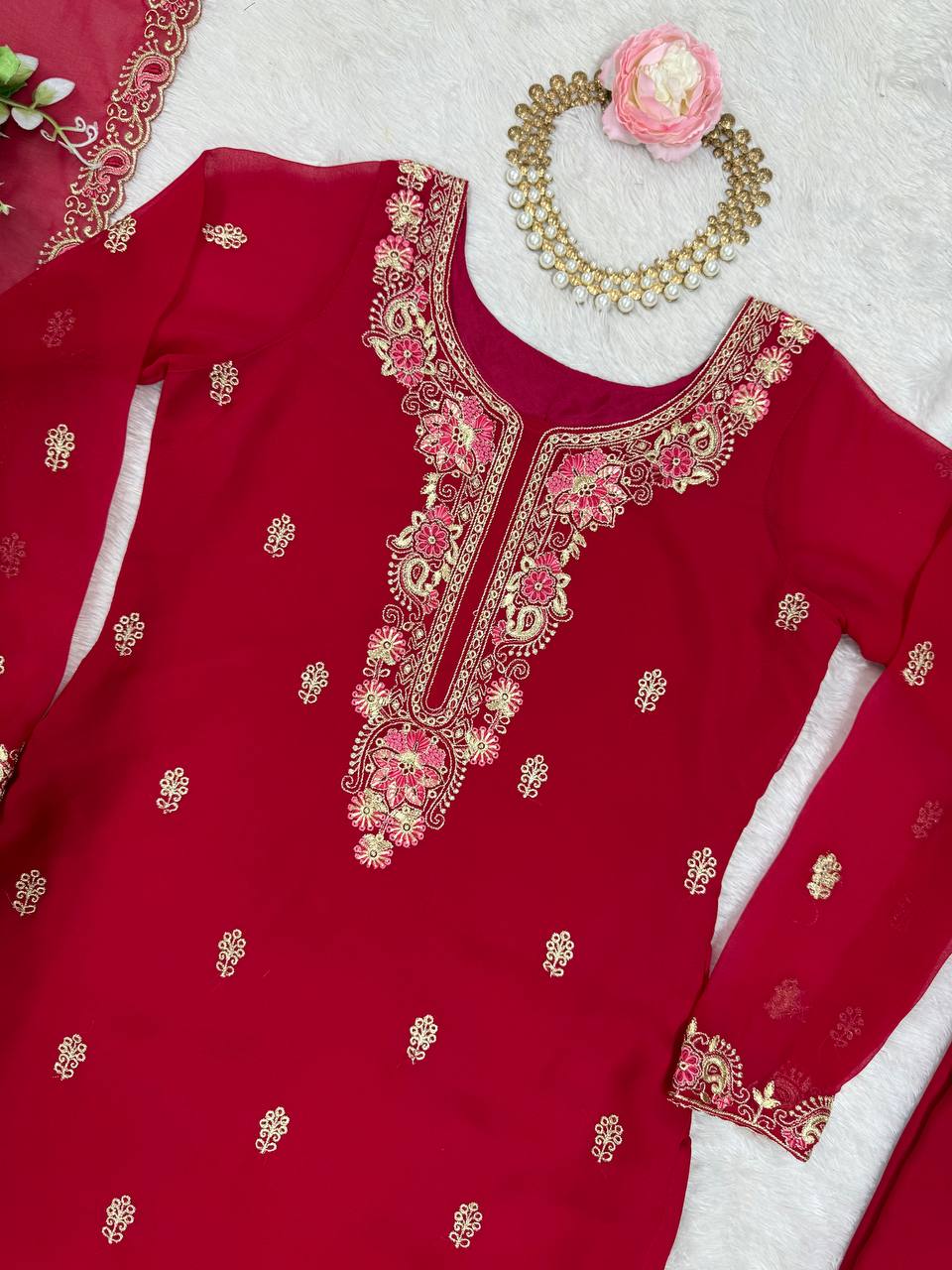Wedding Wear Red Color Faux Georgette With Thread Work Salwar Suit
