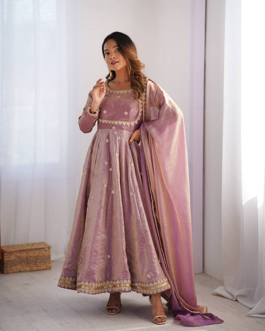 Elegant Dusty Pink Color Fandy Silk And Coding With Sequence Work Designer Gown