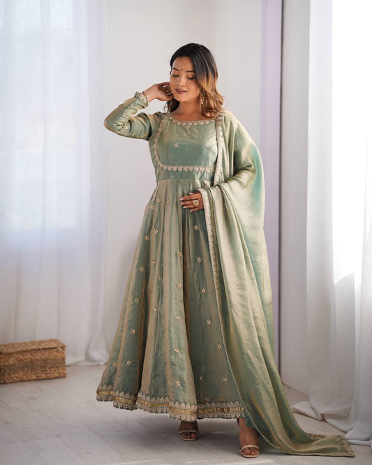 Dazzling Dusty Green Color Fandy Silk And Coding With Sequence Work Designer Gown