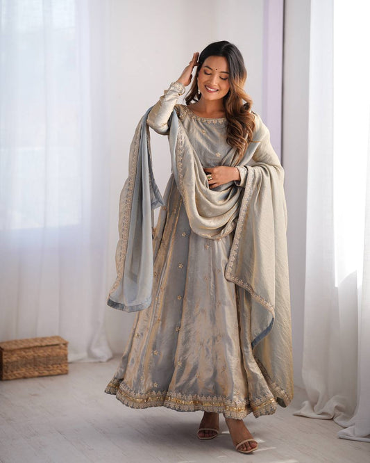Luxuriant Dusty Grey Color Fandy Silk And Coding With Sequence Work Designer Gown