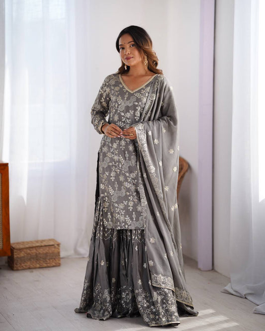 Engagement Wear Grey Color Chinon Silk And Thread With Sequence Work Pakistani Sharara Suit