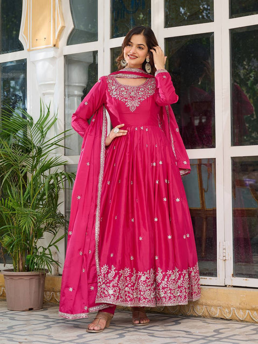 Engagement Wear Pink Color American Silk And Thread With Sequence Work Designer Gown