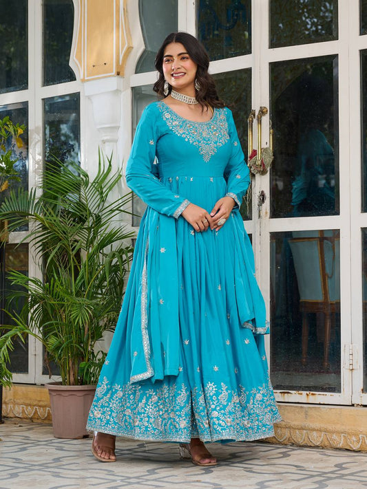 Engagement Wear Sky Color American Silk And Thread With Sequence Work Designer Gown