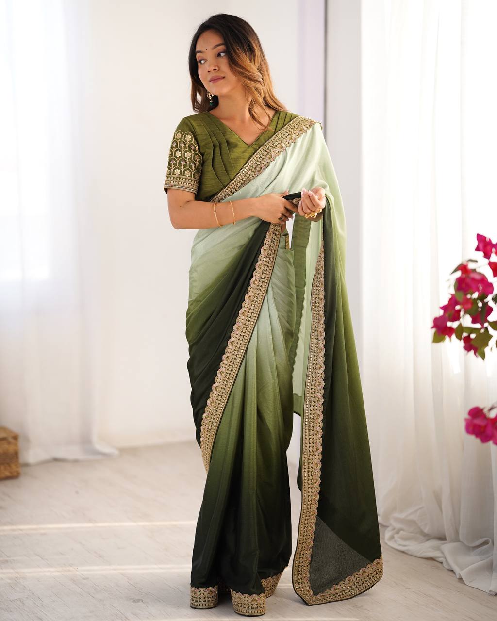 Party Wear Green Color Chinon Silk And Thread With Sequence Lace Work Saree