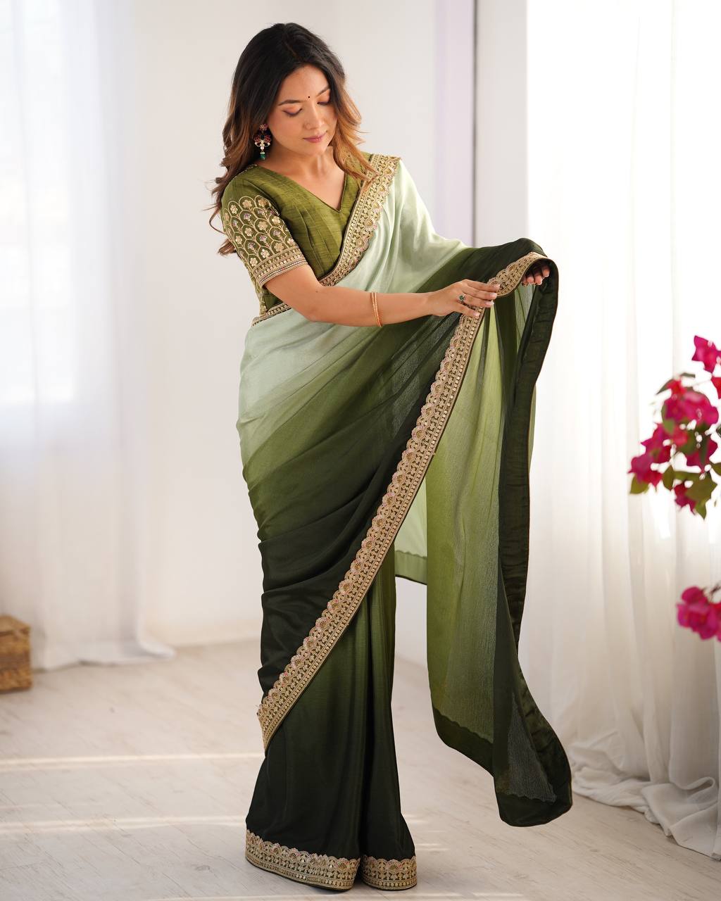 Party Wear Green Color Chinon Silk And Thread With Sequence Lace Work Saree