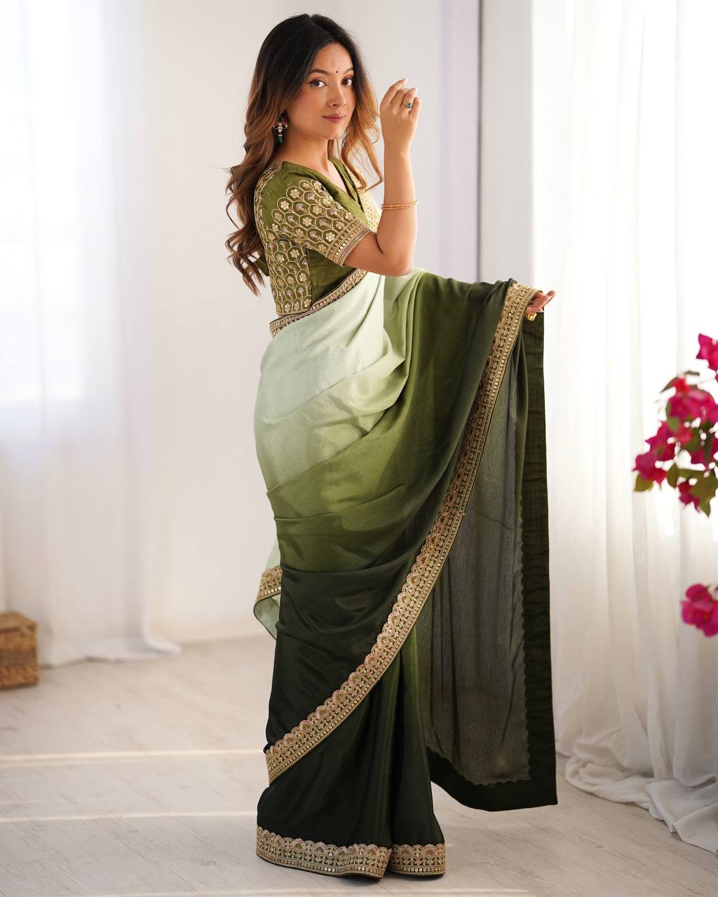 Party Wear Green Color Chinon Silk And Thread With Sequence Lace Work Saree