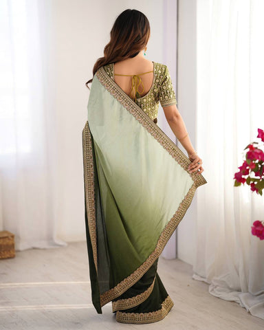 Party Wear Green Color Chinon Silk And Thread With Sequence Lace Work Saree