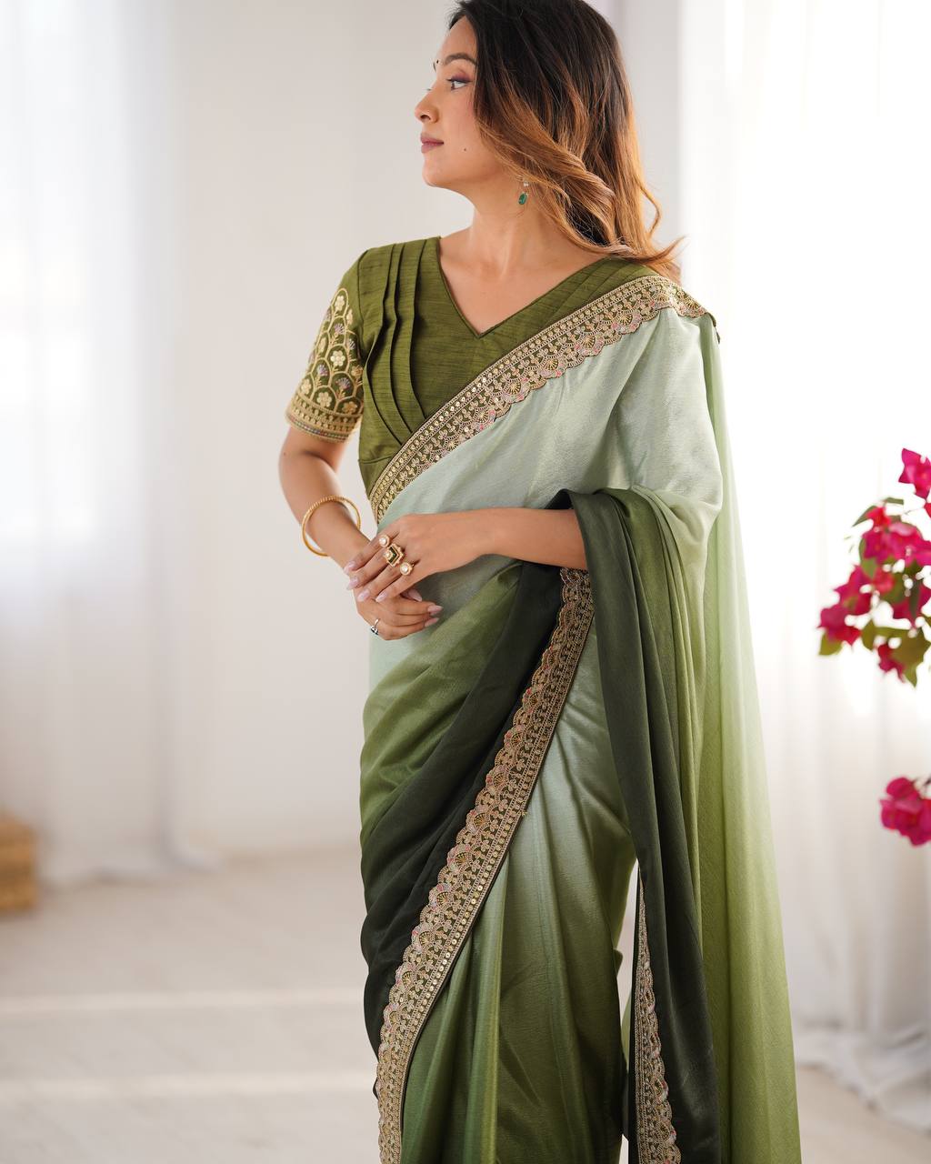 Party Wear Green Color Chinon Silk And Thread With Sequence Lace Work Saree