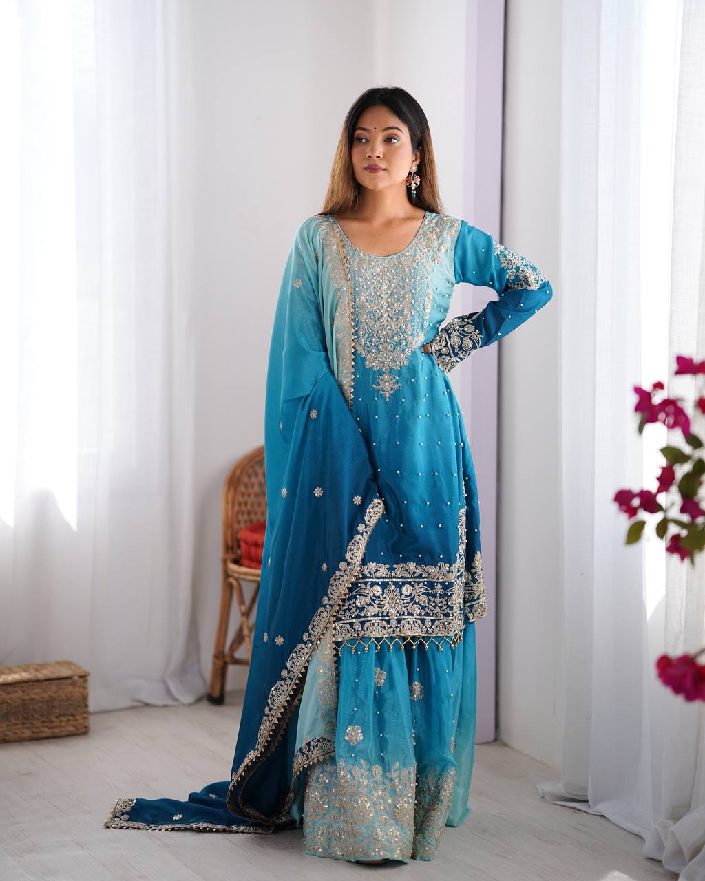 Sky Blue Chinon Silk And Coding Dori With Sequence Moti Beautiful Sharara Suit
