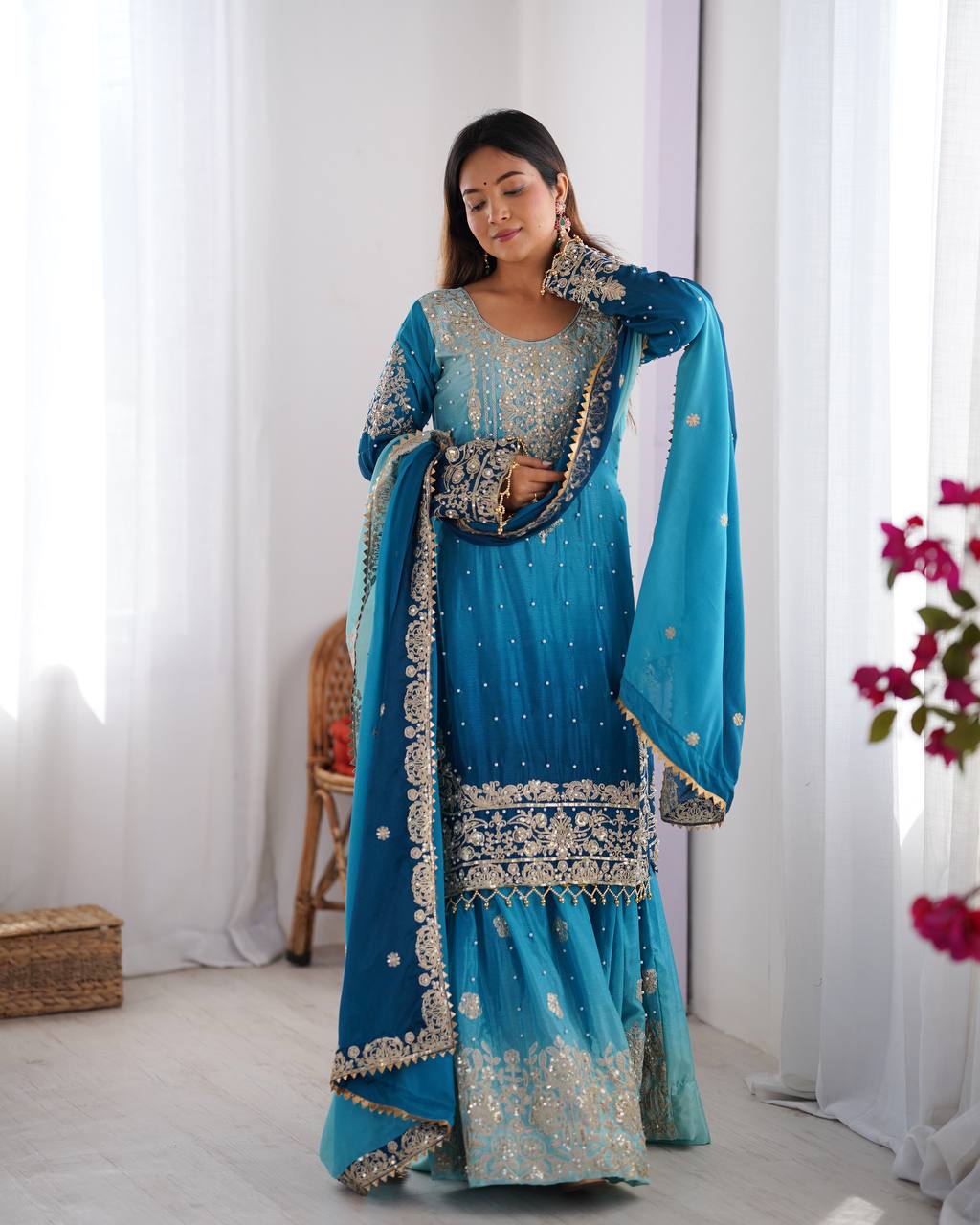 Sky Blue Chinon Silk And Coding Dori With Sequence Moti Beautiful Sharara Suit